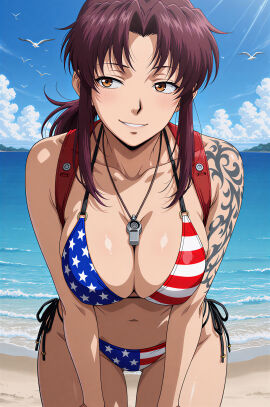 1girls 4k 4k_resolution 8k ai_generated american_flag_bikini american_flag_print arm_tattoo beach beachside bikini black_lagoon blush brown_eyes brown_hair female female_focus hi_res high_resolution hires revy_(black_lagoon) solo solo_female solo_focus tagme tattoo tattoos upscaled