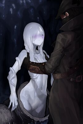 1boy 1girls belly belly_button bloodborne blush blushing clothed clothed_male_nude_female ekrea_jan female fromsoftware fully_clothed fully_clothed_male hunter_(bloodborne) lifting_person lifting_up light-skinned_female light_skin male monster_girl naked nude pale-skinned_female pale_skin petite petite_body petite_female slimy slimy_body smile smiling snail_girl snail_humanoid snail_woman_(bloodborne) the_old_hunters tummy