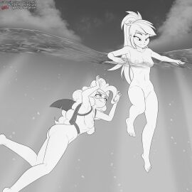 2girls ass belly_button breasts bubble cloud dorsal_fin equestria_girls female female_only fin freediving goggles hasbro human jaws_(film) monochrome my_little_pony night nipples nude nudity ocean parody partially_submerged partially_underwater_shot pinkie_pie_(eg) pinkie_pie_(mlp) prank pshyzo pussy rainbow_dash_(eg) rainbow_dash_(mlp) sea shark_fin skinny_dipping submerged swimming unaware underwater universal_pictures universal_studios vulva water