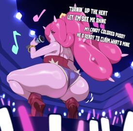 1futa absurd_res anthro ass big_ass combos-n-doodles concert crouching dialogue english_text eyes_visible_through_hair futa_only futanari generation_7_pokemon heel_boots intersex long_hair mareanie marion_calaveras microphone minishorts nintendo pink_body pink_hair pokemon pokemon_(species) pokemorph shorts singing tank_top thick_ass thick_thighs trans_woman transfem