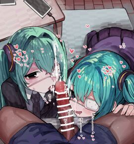 1boy 2girls absurdres aqua_eyes aqua_hair bar_censor black_jacket black_necktie blush boxers carpet cellphone censored charging_device clothed_sex commentary_request cooperative_fellatio cum cum_in_mouth cum_on_body cum_on_hair cum_on_tongue double-parted_bangs drooling dual_persona erection eyepatch facial fellatio ffm_threesome freckles grey_sweater group_sex hair_between_eyes hand_on_another's_thigh hatsune_miku heart heavy_breathing highres indoors jacket licking licking_penis long_hair looking_at_viewer male_underwear medical_eyepatch microa monitoring_(vocaloid) mouth_drool multicolored_eyes multiple_girls necktie open_clothes open_jacket oral paid_reward_available penis penis_out phone pleated_skirt pov pov_crotch purple_eyes purple_jacket purple_skirt purple_socks ringed_eyes skirt smartphone smirk socks sweatdrop sweater table teamwork_(sexual) testicles threesome tongue tongue_out two-tone_eyes underwear variant_set vocaloid wooden_floor