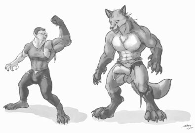 4_toes 5_fingers abs after_transformation animal_genitalia animal_penis anthro balls big_chest big_muscles blacktigerr bodily_fluids body_growth body_growth_(enlargement) bottomwear broad bulge canid canine canine_genitalia canine_penis cheek_tuft chest_tuft claws clothing destroyed_clothingballs digitigrade dipstick_tail dripping erection eyewear facial_tuft feet finger fingers fist flexing flexing_bicep fluffy fluffy_tail fox fur fur_growth genital_fluids genitals glasses gloves_(marking) growth hair head_tuft human human_to_anthro knot leaking_precum leg_markings looking_at_hand male male_only mammal mane markings mid-transformation monochrome muscle_growth muscles muscular muscular_anthro muscular_male neck neck_tuft nipples open_mouth pants paws pecs penis plantigrade_to_digitigrade post-transformation precum precum_drip serratus shaded shirt shoulders simple_background size_transformation sketch smile snout snout_growth socks_(marking) soft_shading solo species_transformation t-shirt tail tail_markings thick tight_clothing toe_claws toes toothy topwear torn torn_bottomwear torn_clothing torn_pants torn_shirt transformation tuft underwear were werecanid werecanine werefox white_background