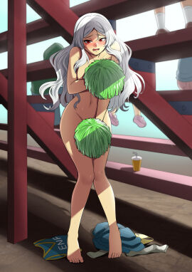 1girls absolutely_nothing_on ana_(skechplezures) background_characters barefoot bleachers blurred_background blush blushing breasts clothes_on_floor clothes_on_ground completely_naked completely_nude covering covering_breasts covering_crotch covering_pussy covering_self embarrassed embarrassed_nude_female enf enf_trying_to_avoid_being_caught feet female knees_together_feet_apart long_hair looking_at_viewer naked naked_female nervous_sweat nude nude_female oc open_mouth original original_character outdoor_nudity pigeon-toed pom_pom_(cheerleading) pom_poms public public_nudity pussy red_eyes silver_hair skechplezures sweat sweatdrop thick_thighs wavy_mouth wide_hips