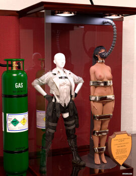 1girls 3d black_hair bound bound_arms bound_legs completely_nude devil_may_cry female female_only full_body humiliation lady_(devil_may_cry) mannequin nude nude_female short-haired_female short_hair solo thejpeger trophy_case unconscious unconscious_female