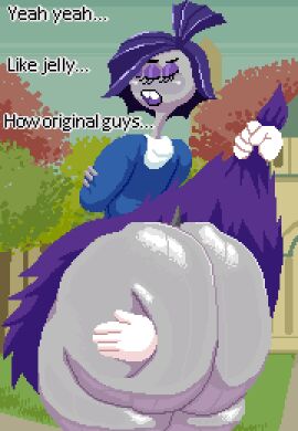 1girls 3_eyes animated arms_crossed ass big_ass bottom_heavy bubble_ass bubble_butt claire_wheeler clothing dialogue disembodied_hands disney fat_ass female female_focus goth goth_girl grey_skin hands_on_ass huge_ass jiggle jiggling_ass large_ass male monster monster_girl monsters_inc monsters_university multi_eye partial_male pixar pixel_animation pixel_art purple_hair shirt skirt spinneborg text thick_ass thick_thighs upskirt wide_hips