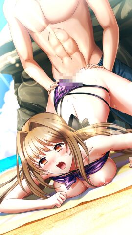 1boy bare_arms bare_legs bikini bikini_bottom_aside bikini_top_lift black_bow bow breast_press breasts brown_eyes brown_hair censored clothes_lift clothing_aside collarbone dimples_of_venus doukyuusei_another_world female game_cg grabbing_another's_ass groping hair_intakes hairbow kakyuusei_2 large_breasts lens_flare long_hair low_twintails male male_swimwear mosaic_censoring nipples official_art open_mouth outdoors print_bikini purple_bikini pussy pussy_juice saimon_tamaki saliva saliva_trail sex sex_from_behind solo_focus straight swimsuit twintails very_long_hair