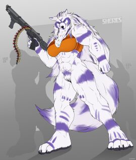 5_fingers anthro biped breasts canid canine canis clothed clothing corrsk female fingers fur genitals gun hi_res holding_gun holding_object holding_ranged_weapon holding_weapon mammal muscular muscular_anthro muscular_female pussy ranged_weapon sheres solo tail vulva weapon wolf
