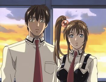 00s 1boy 1girls 2001 animated anime_screenshot art_class art_work bible_black bible_black_night_of_the_walpulgiss bow bowtie breasts brown_hair classroom female green_eyes hair_ornament imari_kurumi large_breasts long_hair minase_taki necktie pout red_bow red_bowtie red_skirt school_uniform scowl shirt short_hair side_ponytail skirt sunset tagme window