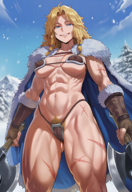 abs ai_generated axe battle_axe big_breasts bikini_armor blonde_hair blue_eyes braided_hair cameltoe covered_nipples dual_wielding excessive_pubic_hair fur-trimmed_cape fur-trimmed_gloves grin jagat_ai looking_at_viewer medium_breasts messy_hair muscular_female nipple_bulge original original_character pubic_hair pubic_hair_peek scar smile smug toned_female viking viking_female warrior wavy_hair