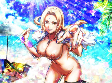 1girls bare_arms bare_legs bare_shoulders beach belly blonde_hair breasts brown_eyes busty collarbone completely_nude drink edit eyewear_on_head female female_only holding_object large_breasts looking_at_viewer mature mature_female midriff milf nail_polish naked naked_female naruto naruto_(series) naruto_shippuden navel necklace nipples nude nude_edit nude_female nudity official_art open_clothes open_shirt outdoor_nudity pussy seaside shirt smile solo solo_female sunlight third-party_edit tsunade voluptuous