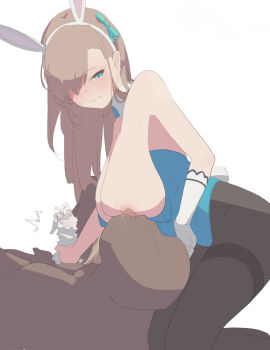 1boy 1girls animal_ear_hairband asuna_(blue_archive) bare_shoulders black_pantyhose blonde_hair blue_archive blue_bow blue_bowtie blue_eyes blue_leotard blush bow bowtie breast_sucking breasts cleaning_&_clearing_(blue_archive) closed_mouth clothed_female_nude_male commentary cum cum_in_glove dark-skinned_male dark_skin detached_collar dongshi dot_nose faceless faceless_male fake_animal_ears fake_rabbit_ears female glovejob gloves hair_behind_ear hair_over_one_eye hairband hairbow half-closed_eyes hand_on_another's_head handjob highres kneeling lap_pillow large_breasts leotard light-skinned_female light_skin long_hair looking_at_another lying male millennium_science_school_student nipple_stimulation nipples nude nursing_handjob official_alternate_costume on_back one_eye_covered pantyhose penis penis_in_glove playboy_bunny rabbit_ear_hairband rabbit_tail saliva simple_background single_bare_arm single_glove small_sweatdrop smile tail tongue twitching twitching_penis unworn_gloves very_long_hair white_background white_gloves white_hairband