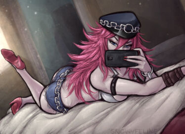 1girls armlet ass big_breasts big_hair blue_eyes blue_hat bracelet bracer breasts cellphone chain_belt commentary covered_mouth cutoffs denim denim_shorts dutch_angle english_commentary female female_only final_fight fingernails foot_up fully_clothed hair_between_eyes hat hi_res high_heels highres holding holding_phone indoors jewelry large_breasts long_fingernails long_hair lying messy_hair nail_polish on_stomach peaked_cap phone pink_hair poison_(final_fight) red_footwear red_nails selfie shorts sideboob single_bracer smartphone snowyfeline solo street_fighter street_fighter_v tank_top the_pose thick_eyebrows white_tank_top
