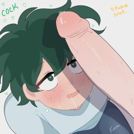 2boys ahe_gao bakugou_katsuki big_penis blush boku_no_hero_academia cock cock_hungry cock_worship cute_male degradation degradation_text deku dialogue drooling erect_penis femboy gay green_eyes green_hair happy heart-shaped_pupils izuku_midoriya kashu katsuki_bakugou large_penis looking_down male midoriya_izuku my_hero_academia penis penis_focus penis_in_face penis_on_face penis_out precum shirt short_hair tongue yaoi