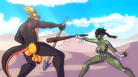 action_pose anthro ass athletic athletic_female balls bandage bandaged_hand big_balls big_breasts black_body bodily_fluids breasts casual_nudity cel_shading countershade_balls countershade_butt countershade_genitalia countershade_tail countershading dessert detailed_background digital_media_(artwork) dragon duo female fight food foreskin genitals green_body hair hi_res horn humanoid humanoid_genitalia humanoid_penis humanoid_pointy_ears kimero_kat larger_male male male/female musclegut muscular mythological_creature mythological_scalie mythology nipples nude orc orc_female penis ponytail pose pupils pussy saggy_balls scalie shaded sharp_teeth size_difference slit_pupils smaller_female sweat sweaty_ass sweaty_balls sweaty_genitalia sweaty_pussy tail teeth thick_penis thick_tail thick_thighs uncircumcised yellow_body yellow_countershading yellow_eyes yellow_sclera