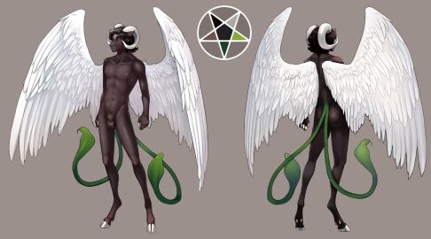 2_tails animal_genitalia anthro apple-faced balls bovid brown_balls brown_hair caprine feathered_wings feathers front_view fully_sheathed genitals hair hooves horn living_tail male male_anthro mammal model_sheet multi_tail nude rear_view reptile scalie sheath sheep simple_background snake snake_tail solo standing tail unusual_anatomy unusual_tail white_eyes white_hooves white_horn white_wings wings