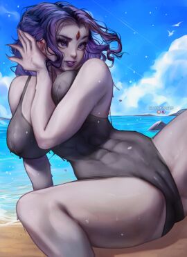 1girls abs bare_arms bare_legs bare_shoulders bare_thighs beach big_breasts blush blushedarts breasts clothed clothing color dc dc_comics female female_focus female_only fit fit_female hi_res large_breasts looking_at_viewer muscles muscular muscular_female one-piece_swimsuit purple_eyes purple_hair pussy pussy_visible_through_clothes raven_(dc) sand sea short_hair solo solo_female swimwear tagme teen_titans thick_thighs water
