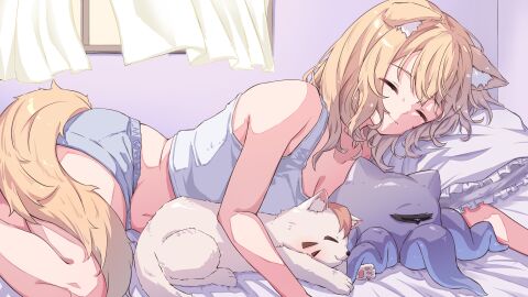 animal_ear_fluff animal_ears bangs bare_arms bare_shoulders barefoot bed bed_sheet blonde_hair blush breasts camisole closed_eyes closed_mouth collarbone curtains eyebrows_visible_through_hair female long_hair lying midriff on_side pillow short_shorts shorts sleeping solo squchan_(vtuber) tail tank_top virtual_youtuber vyugen