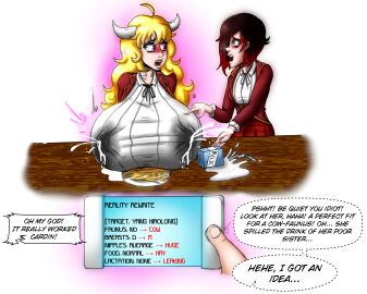1boy 2020 2girls alternate_breast_size black_hair blazer blonde_hair blush breast_expansion breast_growth breast_growth_(enlargement) breasts breasts_bigger_than_head clothed clothed_female clothing cow_girl cow_girl_transformation cow_horns cowgirl english english_text female female_focus horns huge_breasts hyper_breasts lactating lactation lactation_through_clothes light-skinned_female light-skinned_male light_skin long_hair male male_pov milk_carton multiple_females multiple_girls nipple_bulge phone phone_screen pink_aura poking_breast poking_breasts pov purple_eyes reality_change reality_warping red_blazer red_highlights red_skirt ruby_rose rwby schinkn school_uniform shirt short_hair silver_eyes sisters skirt small_breasts species_transformation speech_bubble spilled_drink spilled_milk tears tears_in_eyes text text_bubble transformation unaware unaware_transformation white_shirt yang_xiao_long