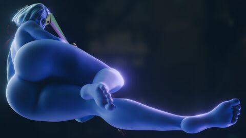 1girls 3d ass barefoot blue_skin blurry_background bow completely_nude deadlock drakepowers female female_only flying full_body huge_ass huge_butt legs looking_at_viewer looking_back naked naked_female nude nude_female sniper solo solo_female valve vindicta_(deadlock) white_hair