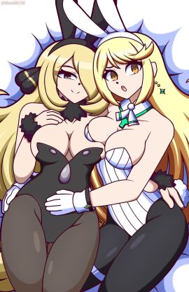 2girls alternate_costume breasts core_crystal crossover cynthia_(pokemon) female female_only jpeg monolith_tk mythra nintendo playboy_bunny pokemon stockings tagme xenoblade_(series) xenoblade_chronicles_2