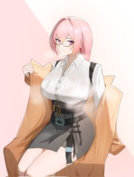 1girls artist_request black_skirt breasts coat cowboy_shot dress_shirt female glasses hair_between_eyes high-waist_skirt highres large_breasts long_hair looking_at_viewer pencil_skirt pink_eyes pink_hair shirt sidelocks sitting skirt smile solo steaming_body tsukishiro_yanagi white_shirt yanjing_(pixiv_24376572) zenless_zone_zero