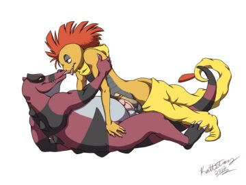 claws couple dated gay gen_6_pokemon lying male male/male male_only no_humans on_back pokemon_(creature) red_hair short_hair signature simple_background sitting smile tail teeth tongue white_background yellow_sclera