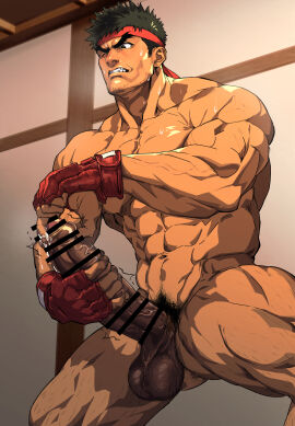 1boy abs balls bara beard_stubble big_balls big_penis black_hair brown_eyes capcom censor_bar censored censored_penis collarbone dangling_balls dangling_testicles dark_penis fingerless_gloves foreskin gay gritted_teeth hachimaki hairy_balls headband hesoten hi_res holding_penis huge_cock imminent_orgasm indoors japanese_room leg_hair long_penis looking_at_penis male male_only masturbation muscles muscular muscular_arms muscular_legs muscular_male muscular_thighs pecs penis precum precum_drip pubic_hair resisting ryu_(street_fighter) short_hair shunta six_pack solo spread_legs standing steam steamy_breath street_fighter sweat sweatdrop sweating sweaty syunta_87 testicles thick_arms thick_eyebrows thick_penis thick_thighs trembling uncircumcised uncut urethral_fingering vein veiny_penis yaoi