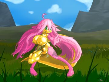 absurd_res alenicia_(artist) alenicia_(character) anthro balls big_balls big_penis dragon eastern_dragon erection fur genitals gold_balls gold_body gold_penis gold_scales grass grass_field grassland green_eyes hair herm hi_res huge_balls huge_cock hyper hyper_balls hyper_genitalia hyper_penis intersex mountain mythological_creature mythological_scalie mythology nude penis pink_body pink_fur pink_hair plant scalie short short_stack sky solo