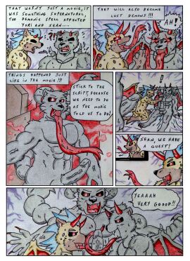 abs absurd_res anthro aroused bara bed bedroom black_body black_fur black_sclera bleak_ambiance bodily_fluids claws comic comic_panel corruption dashthefox demon demonic demonic_eyes dialogue dripping electronics felid fur furniture genitals glowing glowing_eyes group hi_res horn hyena licking long_tongue male male/male mammal masculine_male membrane_(anatomy) membranous_wings muscular muscular_arms oral pantherine pecs penile penis penis_lick red_eyes red_horn saliva saliva_drip sean_(vindico) sex sharp_teeth speech_bubble sweat sweatdrop tan_body tan_fur teeth television tongue traditional_media_(artwork) transformation transformation_sequence transformation_through_magic trio wings yaoi yuri_(vindico)