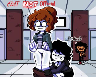 ... 1boy 2girls acorn_hair arcaned_roses black_hair black_handwear black_jacket black_pants blue_jacket brown_hair brown_pants complex_background edit female freckles male no_panties pulling_down_pants pussy roblox roses_arcaned slender_(roblox) striped_shirt third-party_edit white_body