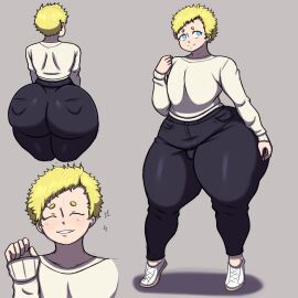 1boy 1femboy almar_mjölner ass back_view blonde_hair blue_eyes character_sheet closed_eyes_smile fat_ass_femboy femboy front_view highres huge_ass huge_thighs jackov jeans light-skinned_femboy light_skin male male_only oc short_hair simple_background skin_tight smile smile_at_viewer sweater tagme thick_thighs