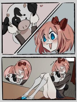 1girls 3koma :3 almonds_(almonddssss) ass big_ass blue_eyes blush bovine bow clothing cow_plush doki_doki_literature_club female female_focus female_only heart hug hugging_plushie just_sayori kneesocks light-skinned_female light_skin mr._cow_(doki_doki_literature_club) no_panties orange_hair plushie red_bow sayori_(doki_doki_literature_club) shoes short_hair skirt_lift smile smiling thick_thighs thighs wholesome