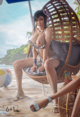 2025 2girls 3d aerith_gainsborough alternate_version_available areolae armband beach beach_background beach_ball beach_umbrella big_breasts bikini bikini_undone black_hair breasts brown_eyes duo earrings egg_chair feet female female_only final_fantasy final_fantasy_vii final_fantasy_vii_remake flashing flashing_breasts flower flower_in_hair full_body hands_between_legs legs legs_apart lipstick long_hair looking_at_viewer navel nipples official_alternate_costume one_breast_out outdoor_nudity outdoors sand sand_on_skin sandals sitting sitting_on_chair sixplusone skinny skinny_female skirt solo_focus tifa_lockhart toes tropical_setting very_long_hair
