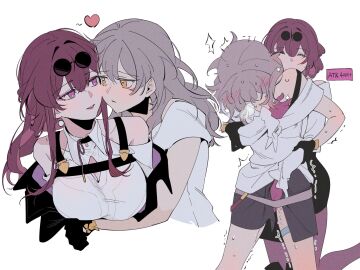 2girls black_gloves blush closed_eyes closed_mouth clothing_cutout collared_shirt commentary_request d0600059994959 female fingering gloves grey_hair grey_skirt heart highres holding_another's_wrist honkai:_star_rail honkai_(series) hug hug_from_behind kafka_(honkai:_star_rail) korean_commentary multiple_females multiple_girls off-shoulder_shirt off_shoulder parted_lips purple_eyes purple_gloves purple_hair purple_lips pussy pussy_juice reach-around shirt shoulder_cutout simple_background skirt smile stelle_(honkai:_star_rail) thigh_strap trailblazer_(honkai:_star_rail) white_background white_shirt yellow_eyes yuri