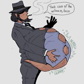 1boy ambiguous_gender big_belly body_hair daisuke_jigen digestion digestion_noises english english_text eyes_covered grey_background hat indigested_omelette lupin_iii male male_only male_pred no_background no_sex round_belly smoking smoking_cigarette solo solo_focus solo_male standing suit talking unknown_gender vore vore_belly