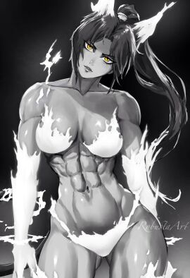 1girls abs absurd_res absurdres artist_name bangs belly_button bleach breasts cat_ears cleavage dark-skinned_female dark_skin energy female female_only greyscale long_hair muscular muscular_arms muscular_female muscular_legs ponytail robustaart shihouin_yoruichi tilted_head watermark yellow_eyes