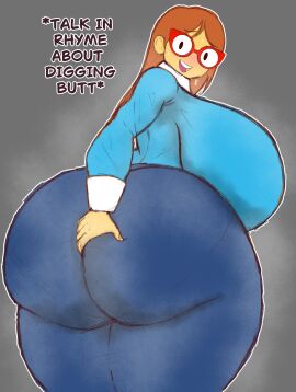 1girls ass ass_grab blush breasts butt_digging butt_grab digging digging_into_butt digging_up_in_they_ass embarrassed embarrassed_female female glasses huge_breasts kindergarten_(game) kindergarten_3 looking_back ms._lovelett rhyming solo speedweeb179 sweat sweaty text thick_thighs