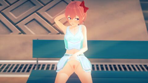 3d cheerleader doki_doki_literature_club ecxreaper embarrassed female flashing_pussy human human_only light-skinned_female light_skin pussy sayori_(doki_doki_literature_club) showing_off showing_pussy sitting skirt skirt_lift skirt_up