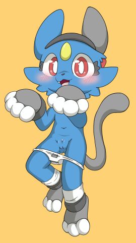 accessory anthro black_tail blue_body blue_ears blue_fur blush blush_lines cara_(lucky_luxio) cat_outfit clitoris clothed clothing colored cub digital_drawing_(artwork) digital_media_(artwork) fake_paws fangs felid feline female feral footwear forehead_gem fur gem generation_2_pokemon genitals gloves grey_ears handwear headband hi_res looking_at_viewer lucky_luxio mammal navel nintendo open_mouth orange_background panties panties_down partially_clothed paws pink_clitoris pokemon pokemon_(species) print_clothing print_underwear pussy red_eyes shaded simple_background sneasel socks solo standing tail teeth underwear underwear_down vulva white_clothing white_footwear white_panties white_socks white_underwear