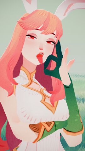 1girls 3d afk_(series) afk_journey armwear arosxiv bangs crossed_arms fellatio_gesture female head_tilt light-skinned_female light_skin long_hair looking_at_viewer lyca_(afk) makeup open_mouth pink_hair rabbit_ears sexually_suggestive skinny swept_bangs tagme tongue tongue_out upper_body