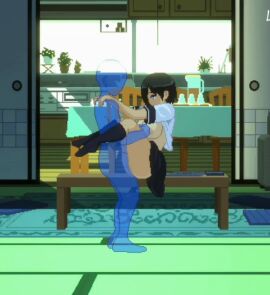 1boy 1girls 2d animated black_hair cum cum_in_pussy cum_inside cumshot female game_cg light-skinned_female light_skin looking_at_partner male miniskirt pixel_art pussy school_uniform schoolgirl shaking short_hair stand_and_carry_position standing standing_sex stockings summer_-_countryside_sex_life vaginal_penetration