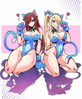2girls big_breasts blonde-haired_female blonde_hair breasts bunnysuit cat_ears cat_tail cosplay erza_scarlet fairy_tail female happy_(cosplay) happy_(fairy_tail)_(cosplay) hfxpins lucy_heartfilia red-haired_female red_hair