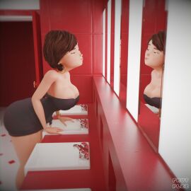 3d artist bending_over brown-haired_female brown_hair cleavage elastigirl female female_only frutplzz helen_parr hoop_earrings kissy_face looking_at_mirror milf mirror short-haired_female short_hair solo solo_female the_incredibles tight_clothing tight_dress