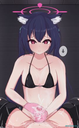1boy 1girls abydos_high_school_student animal_ears black_bra black_hair blue_archive blush bra breasts cat_ears cat_girl catgirl cum cum_on_gloves ejaculation female femdom foreclosure_task_force_(blue_archive) glans_rub glans_stimulation glans_torture glansjob gloved_glansjob gloved_handjob gloves halo handjob indoors light-skinned_female light-skinned_male light_skin looking_at_viewer male male_pov malesub overstimulation penis pink_eyes pink_gloves post-orgasm post-orgasm_torture pot pov restrained serika_(blue_archive) shaking small_breasts small_penis speech_bubble spoken_ellipsis spoken_heart talking_to_viewer tntngamr18 twitching