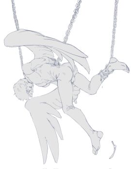 angel angel_wings arms_behind_back ass backsack balls ballsack blush bodysuit bulge chained chains clenched_teeth feathered_wings full_body gintama gintoki_sakata male male_only monochrome muscular muscular_male qi_mio restrained stirrup_legwear suspension