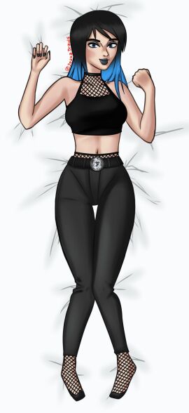 1girls 2d alternate_version_available black_hair black_lipstick blue_hair breasts clothed clothing digital_drawing_(artwork) digital_media_(artwork) eve_(summertime_saga) female female_focus female_only fishnet goth goth_girl jeans joakadraws laying_down laying_on_back laying_on_bed light-skinned_female light_skin looking_at_viewer pants small_breasts solo solo_focus summertime_saga tease teasing teasing_viewer teenage_female teenager two-tone_hair