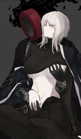 1girls 1other ambiguous_gender big_breasts blade_lineage_(identity)_(project_moon) blue_eyes blush breasts dante_(limbus_company) dark_skin faust_(limbus_company) faust_(project_moon) female fingering fingering_partner fingering_pussy grabbing grabbing_another's_breast grabbing_from_behind kurokumo_clan_(identity)_(project_moon) limbus_company medium_hair naughty_0b object_head pale-skinned_female project_moon tattoo tattoo_on_arm white_hair