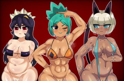 3girls abs angry belly big_breasts bikini bikini_top black-haired_female black_hair bottomless bottomless_female breasts cat_ears cat_tail catgirl cerebella chocolate_and_vanilla chubby chubby_female curvy dark-skinned_female dark_skin dieliusdl06 dl06 female female_only filia_(skullgirls) fit fit_female green_hair light-skinned_female light_skin long-haired_female long_hair medium_breasts middle_finger multiple_females multiple_girls muscular muscular_female nadia_fortune red_eyes short-haired_female short_hair skullgirls sling_bikini strong_female svdielius tan-skinned_female tan_skin toned toned_female
