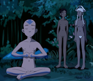 1boy 2girls aang air_nomad airbender_tattoo avatar_legends avatar_the_last_airbender bald barefoot_on_grass breasts casual casual_nudity coldfusion dark_skin female human katara male multiple_females multiple_girls naked nonsexual_nudity nude nude_female nude_male nudist pale_skin penis pubic_hair pussy the_avatar water_tribe yue