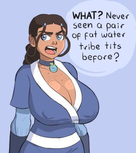 annoyed artist_request avatar_the_last_airbender big_breasts braided_ponytail breasts brown-skinned_female choker cleavage clothed dark-skinned_female dialogue female female_focus female_only freckles huge_breasts katara large_breasts looking_at_viewer necklace solo solo_female solo_focus tribal tribal_necklace upper_body water_tribe